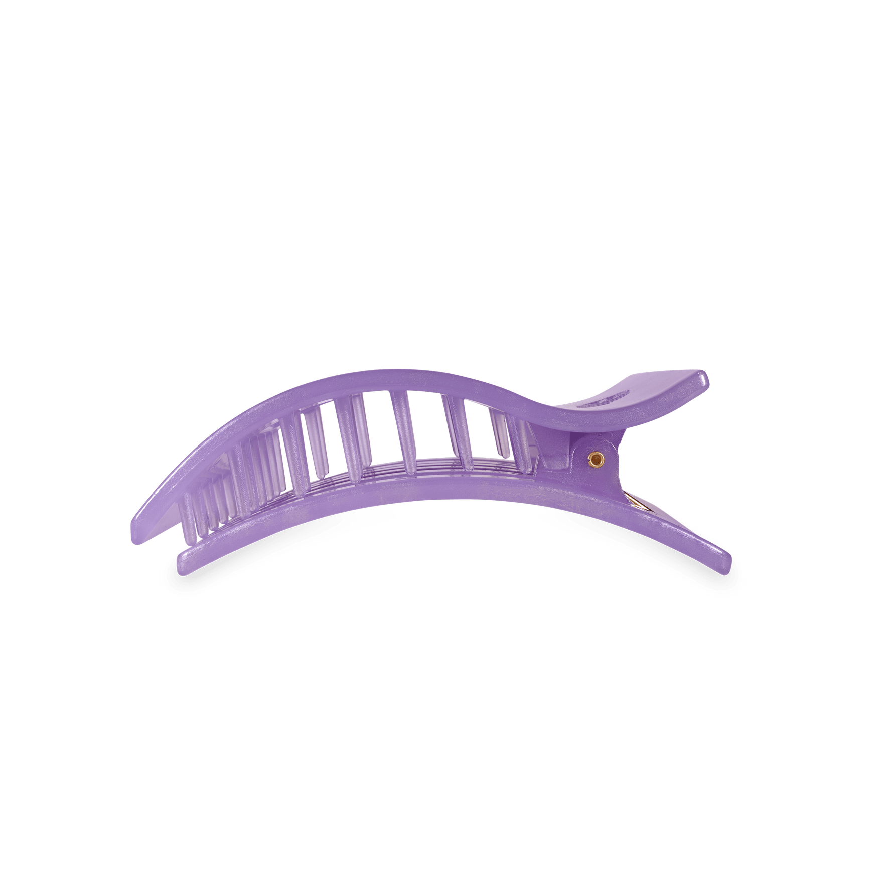 Lavender hinged claw hair clip with ridged grip and small gold stud