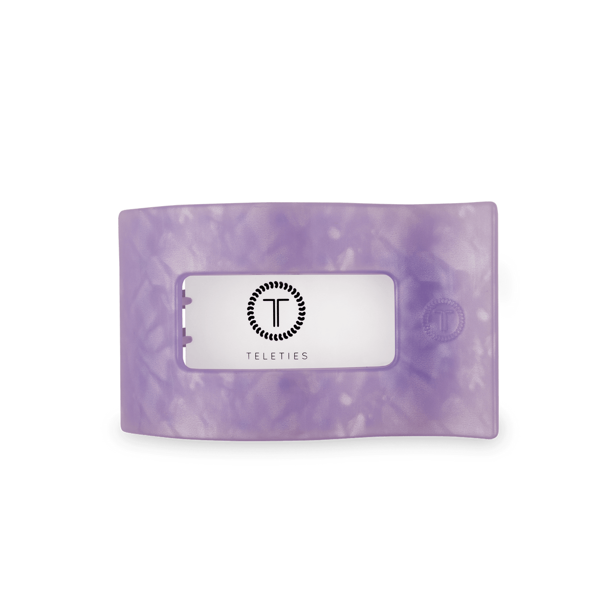 Lavender rectangular flat hair clip with marbled finish and front logo window