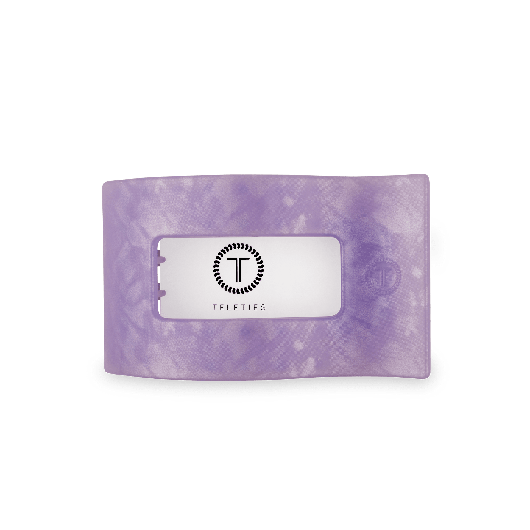 Lavender rectangular flat hair clip with marbled finish and front logo window