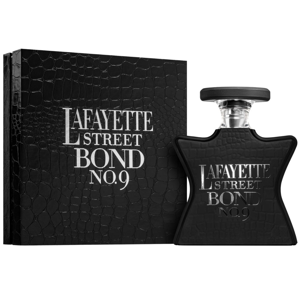 Black croc-texture Eau de Parfum bottle with matching box, silver cap, Lafayette Street No.9