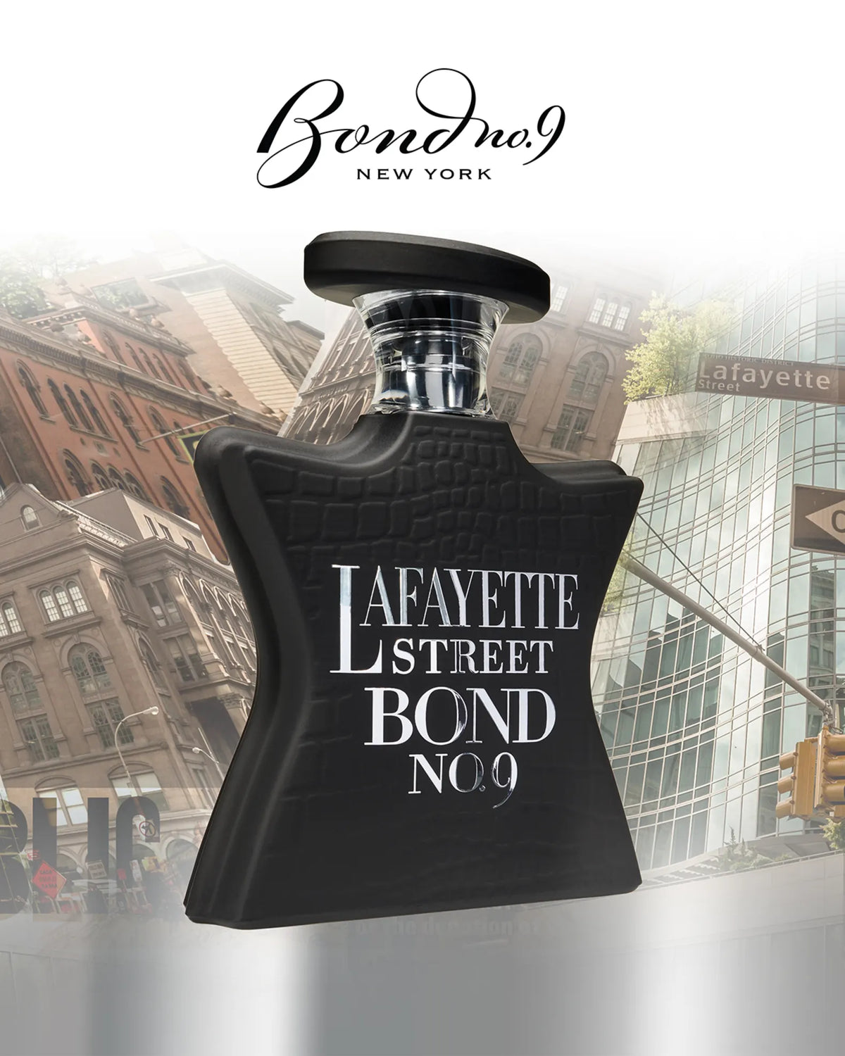 Black croc-texture Eau de Parfum bottle with silver cap and Lafayette Street Bond No.9 text