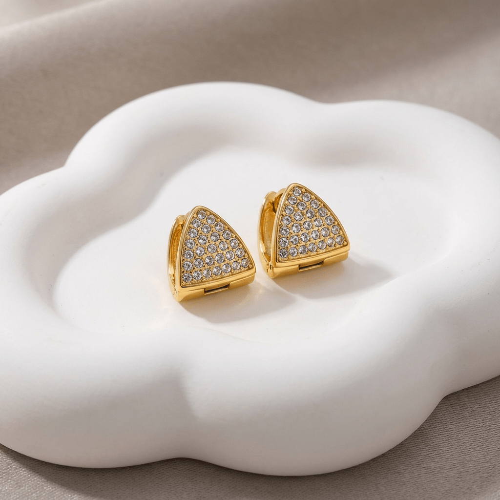 Gold triangle stud earrings with pavé zircon stones