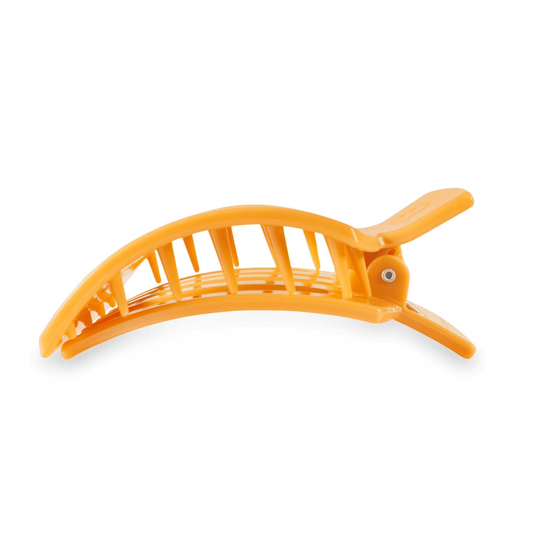 Square flat orange hair clip side view with prongs and round rivet