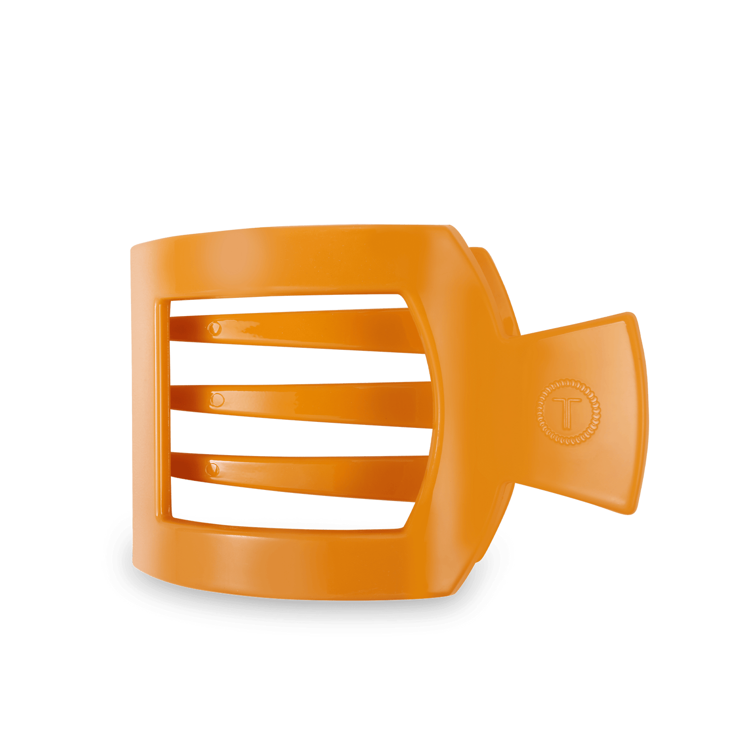 Large square flat hair clip in translucent orange, open hinged bar with teeth