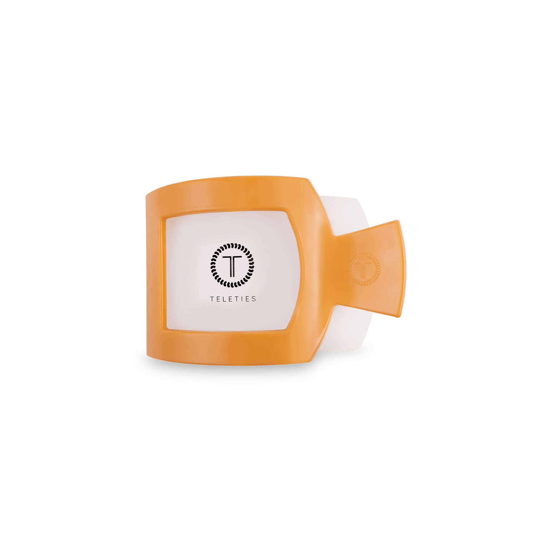 Small flat square hair clip, orange with front logo patch and side prongs