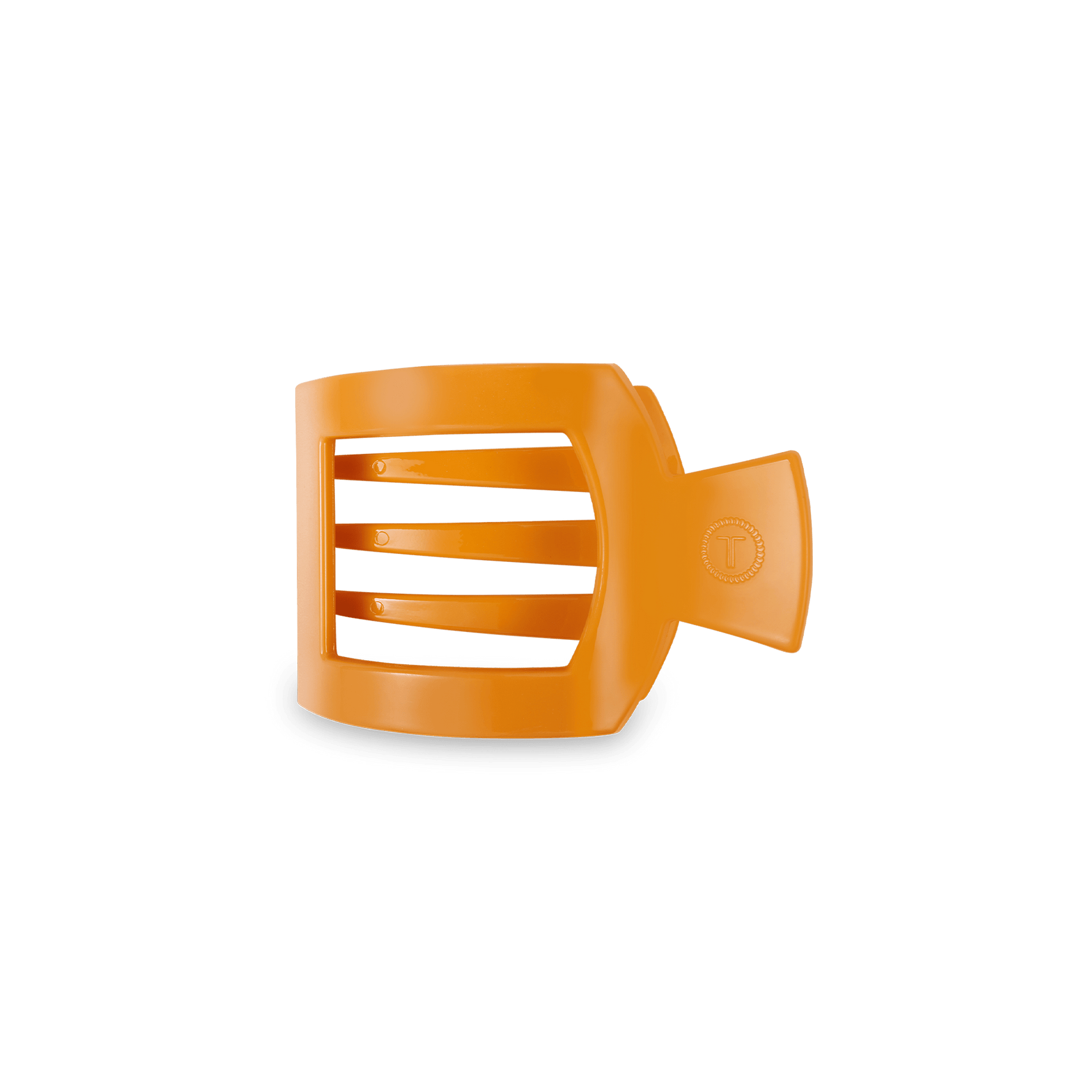Small flat square hair clip, orange with slotted top and curved prongs