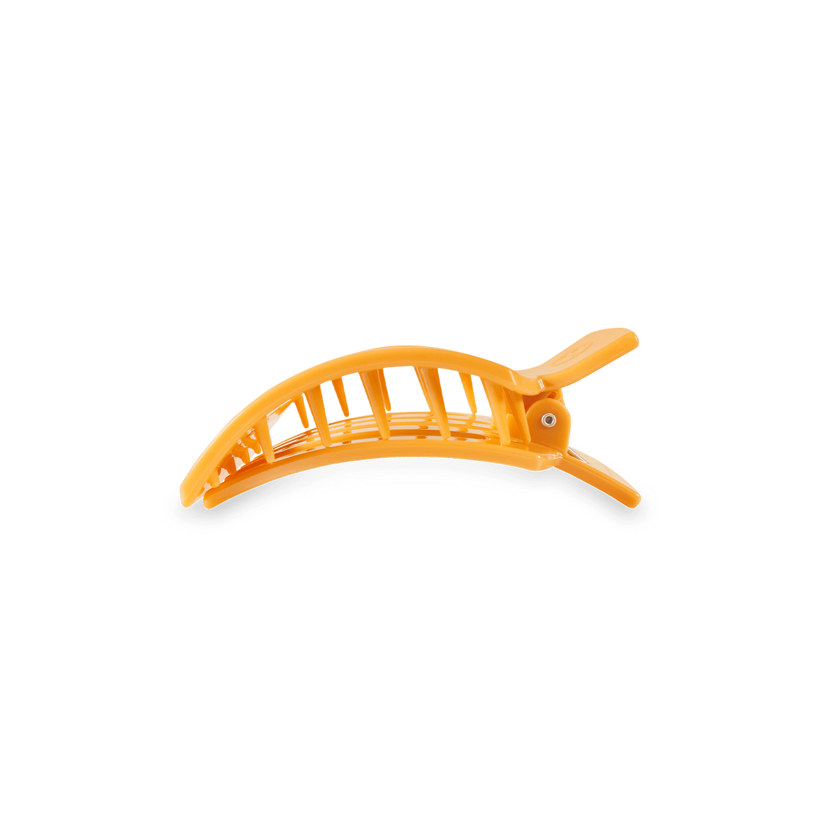 Small flat square hair clip, orange half-moon shape with visible teeth