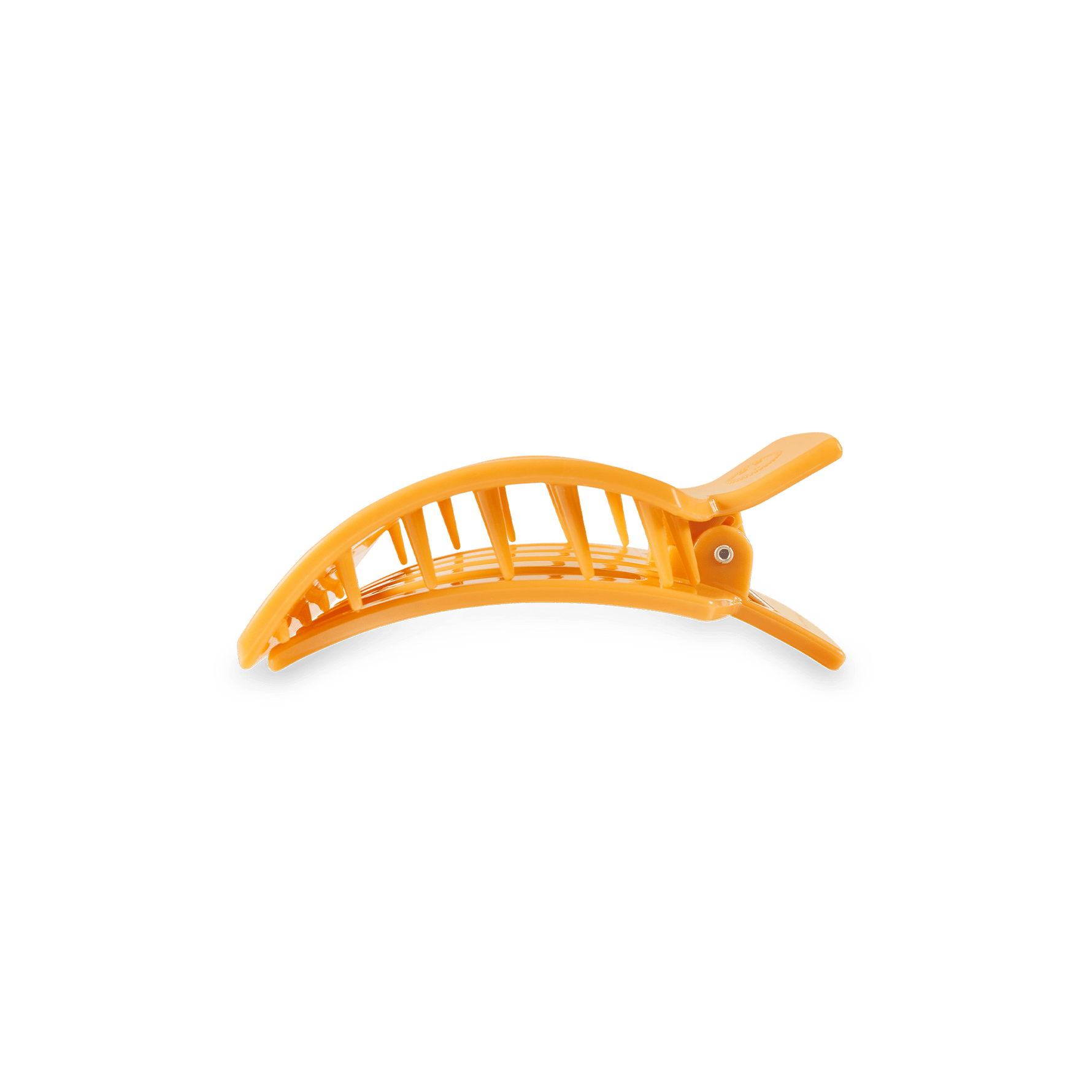 Small flat square hair clip, orange half-moon shape with visible teeth
