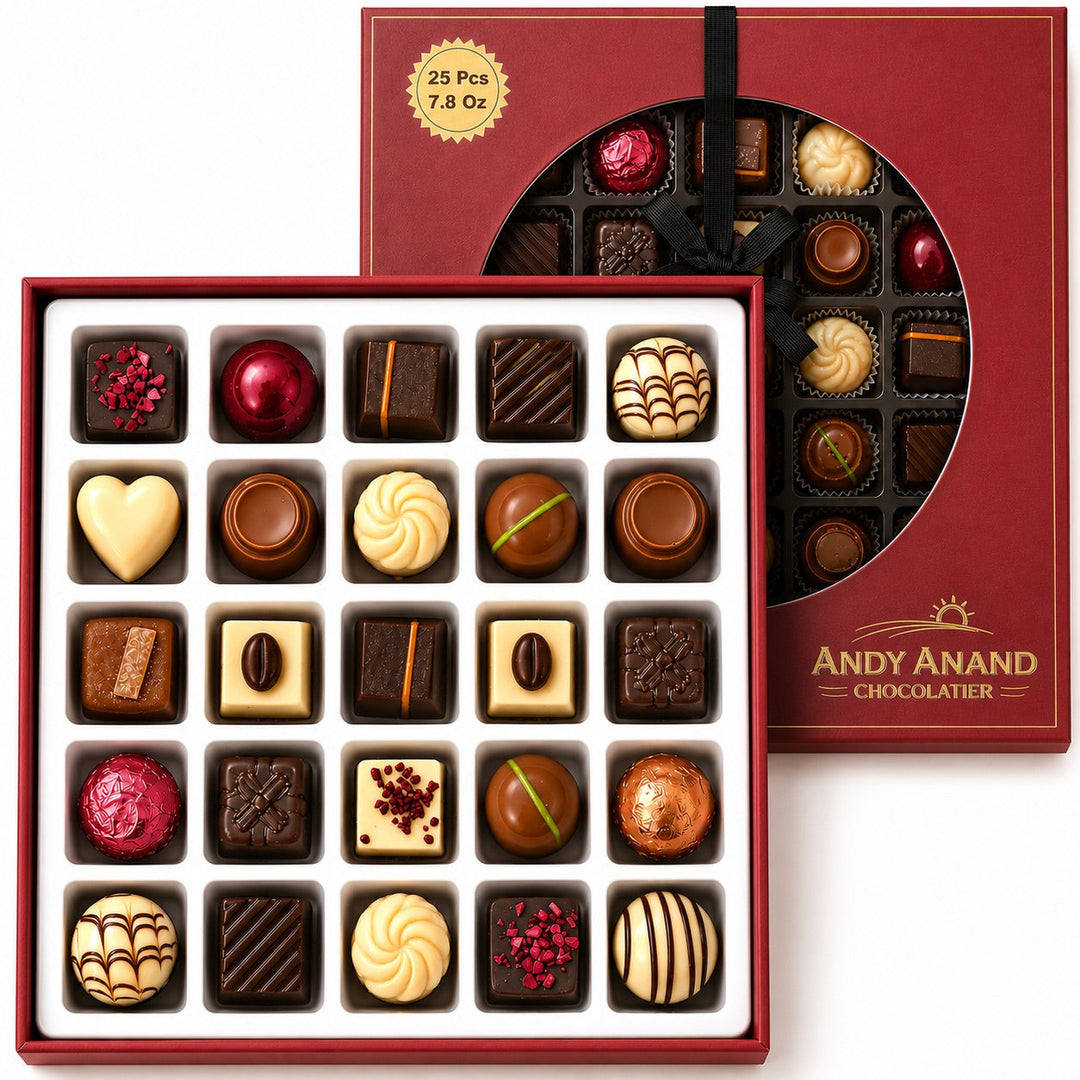 Andy Anand Premium Bon Bon Chocolate Collection, 25 pc – Truffles, Pralines, Pistachio Cream, Mint & Tiramisu, Birthday & Holiday Gift Box