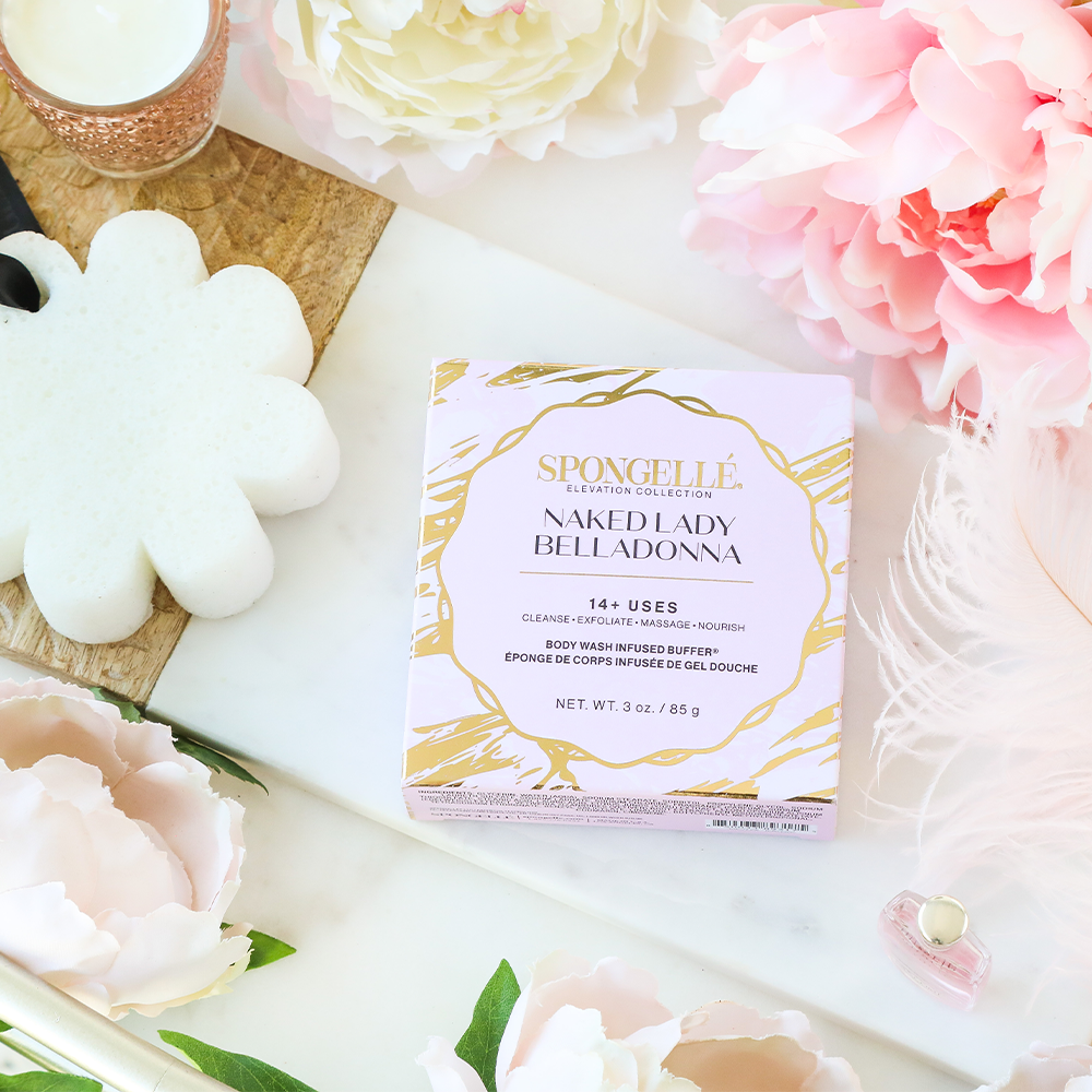 Spongelle boxed flower cleansing sponge pack with white flower sponge and pink patterned box