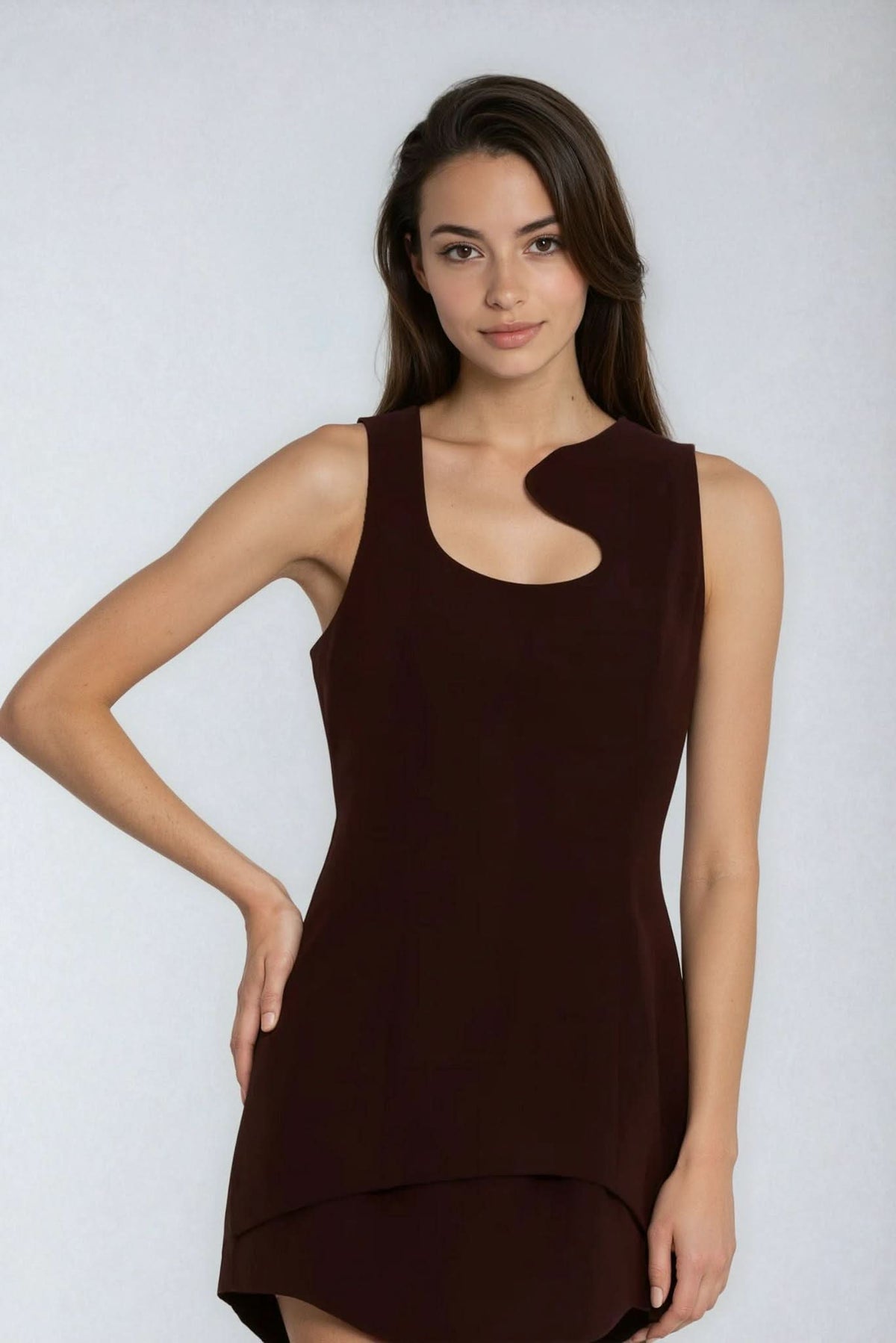 Dark brown sleeveless mini dress with scoop neckline and curved hem at back