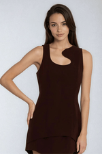 Dark brown sleeveless mini dress, sleeveless scoop neck with curved bust cutout