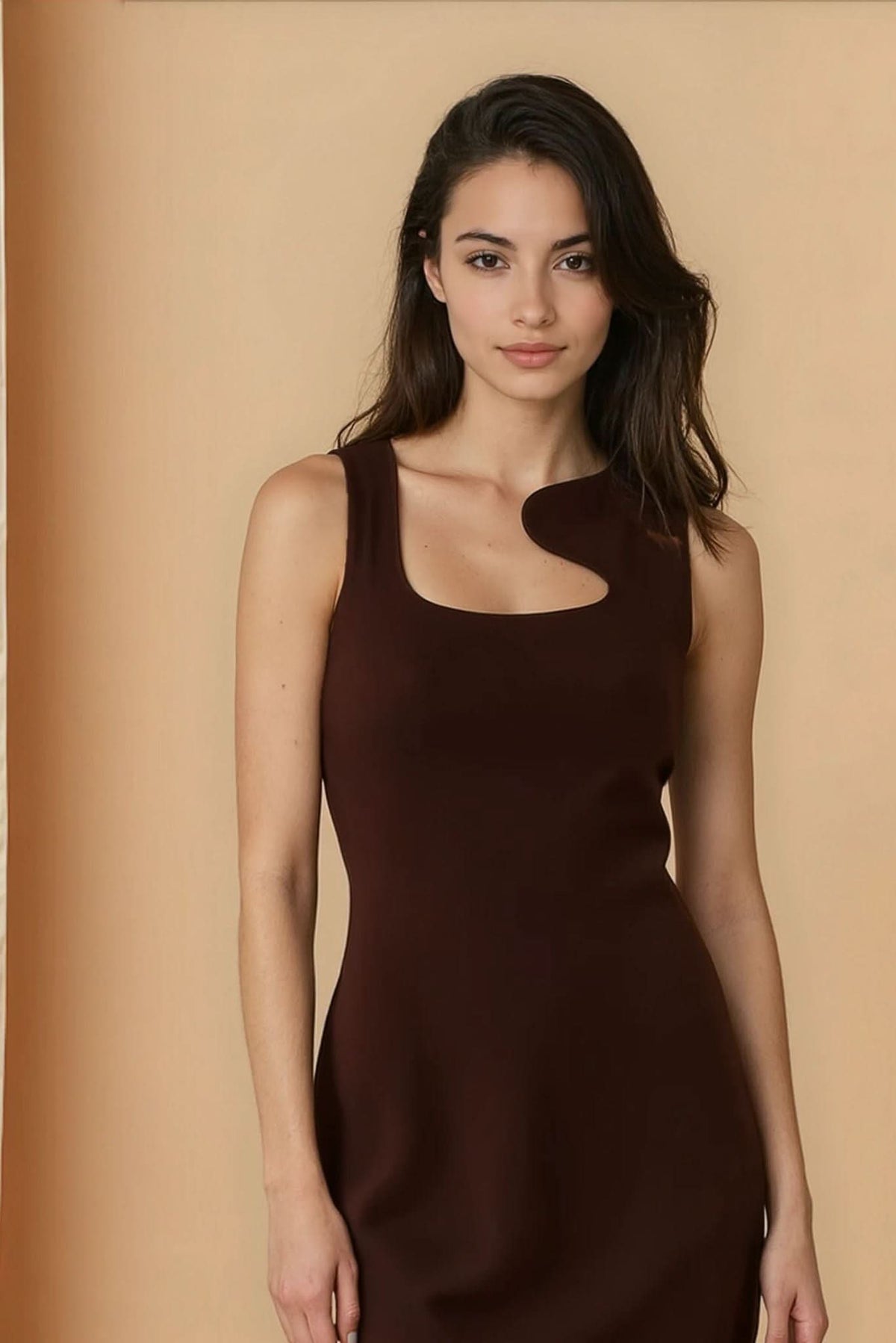 Dark brown sleeveless mini dress with U scoop neckline and curved chest cutout