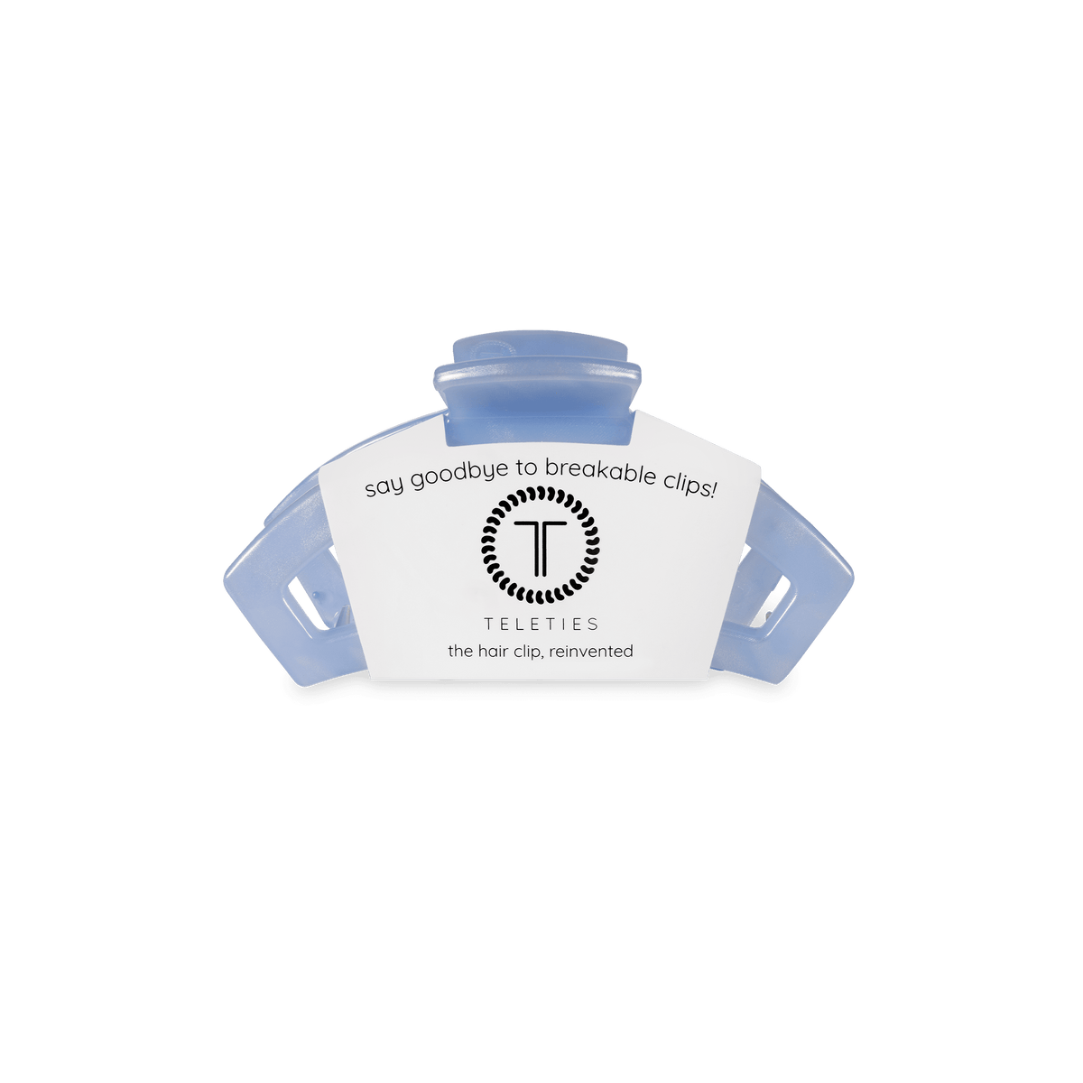 Tiny light blue translucent hair clip with branded card backing