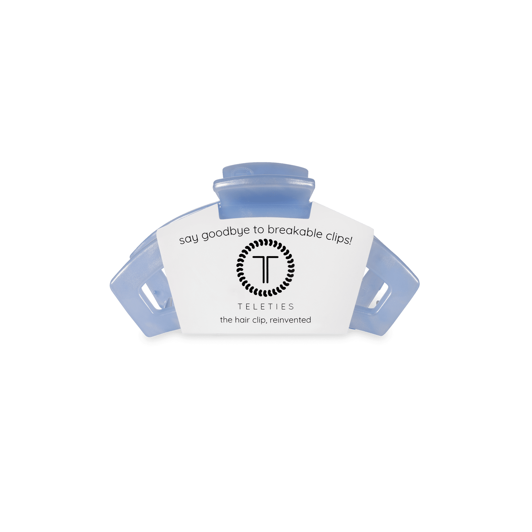 Tiny light blue translucent hair clip with branded card backing