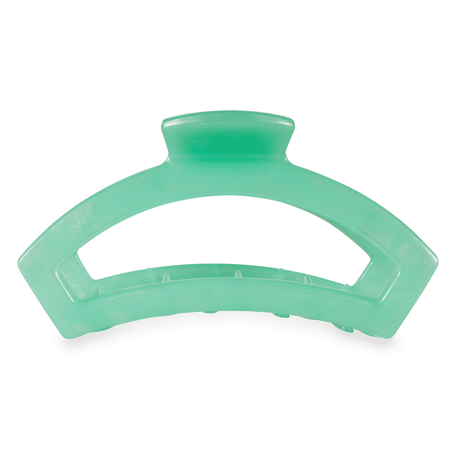 Large mint green hair clip with curved prongs, open spring style