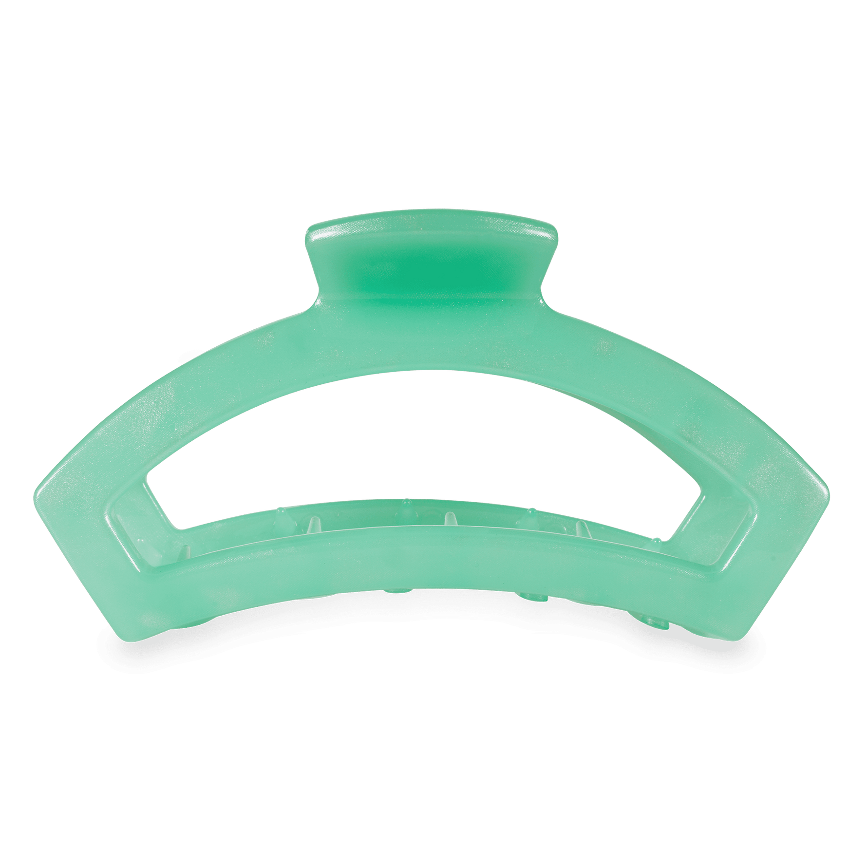 Large mint green hair clip with curved prongs, open spring style