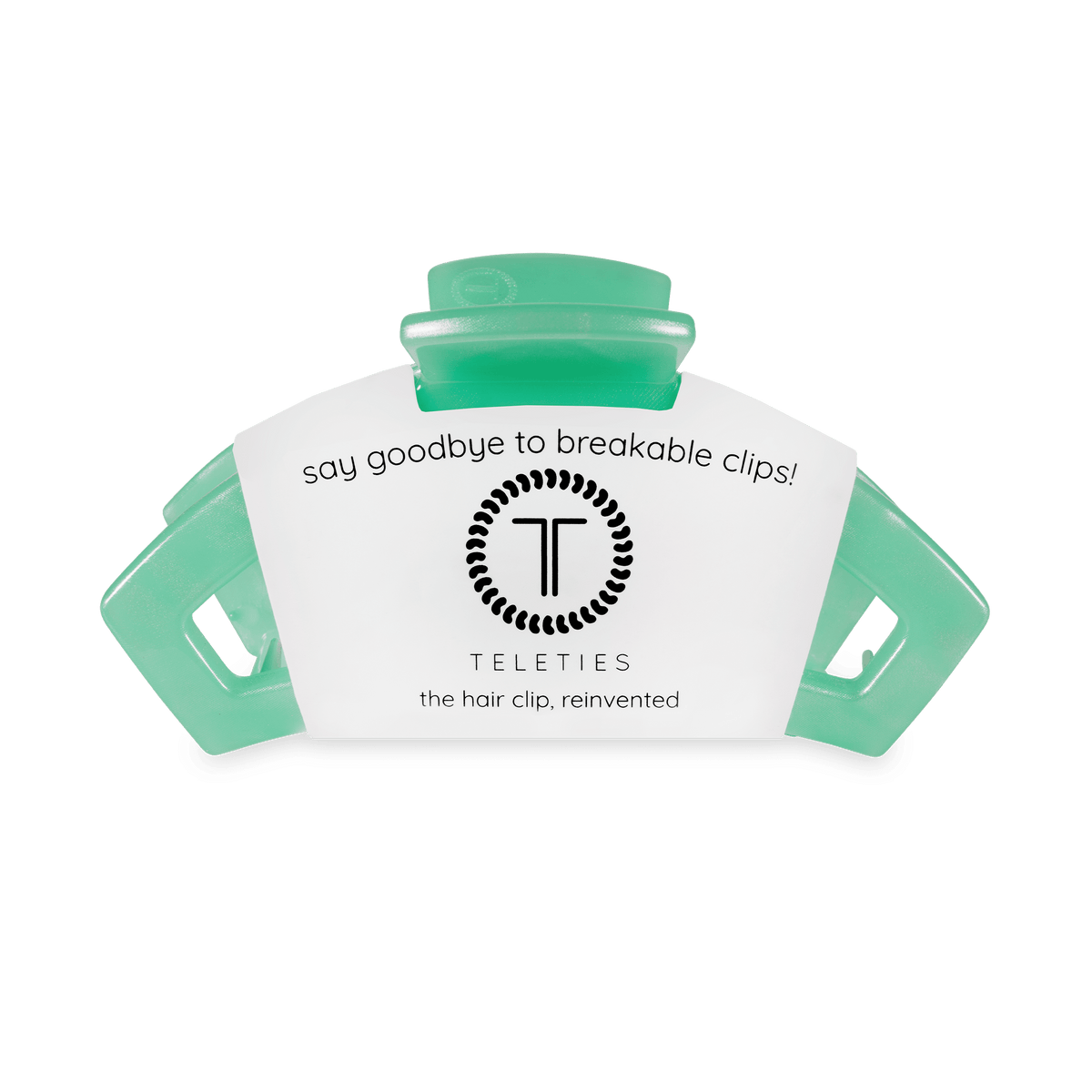 Mint green medium hair clip with attached brand hang tag