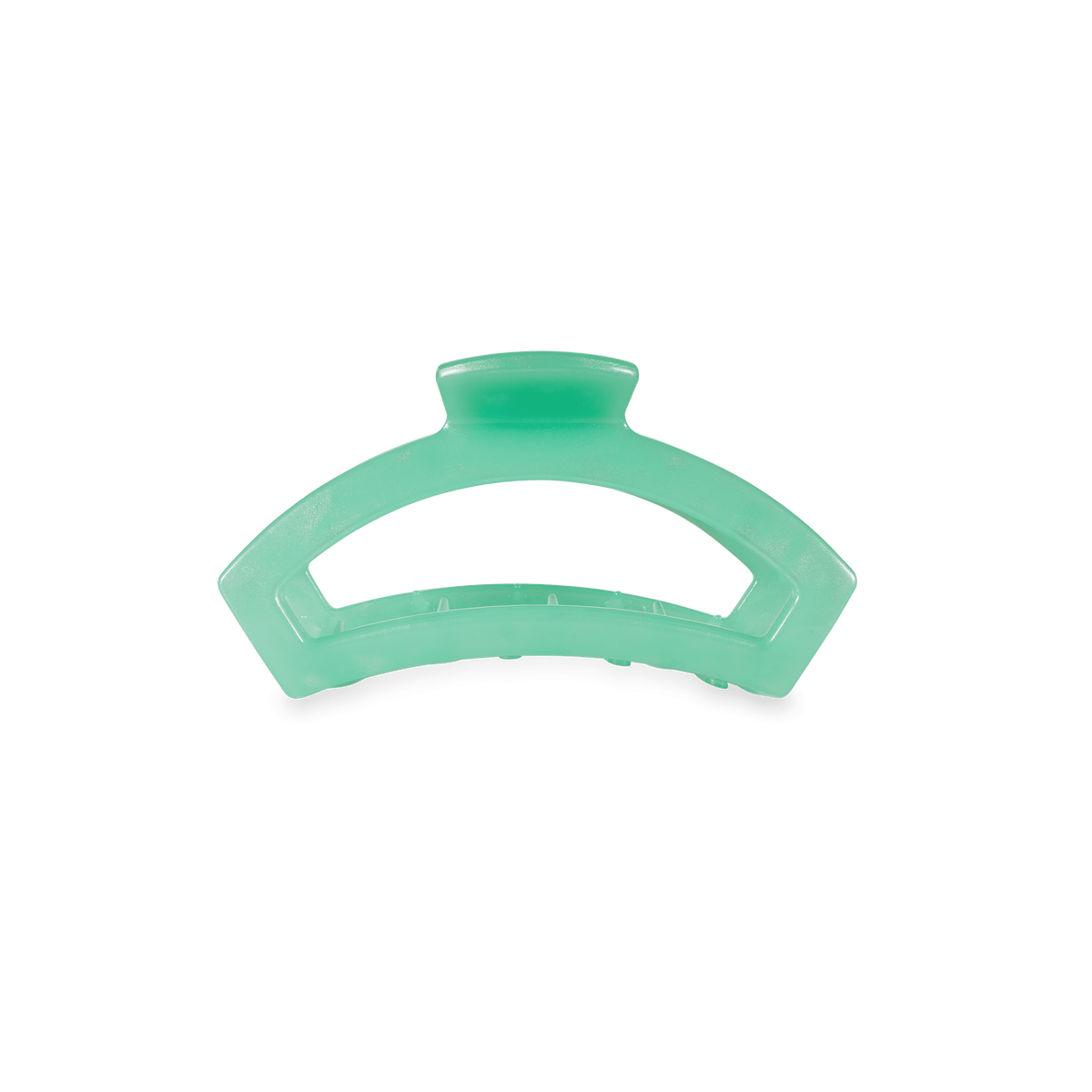 Tiny mint-green open spring hair clip with hinged bar.