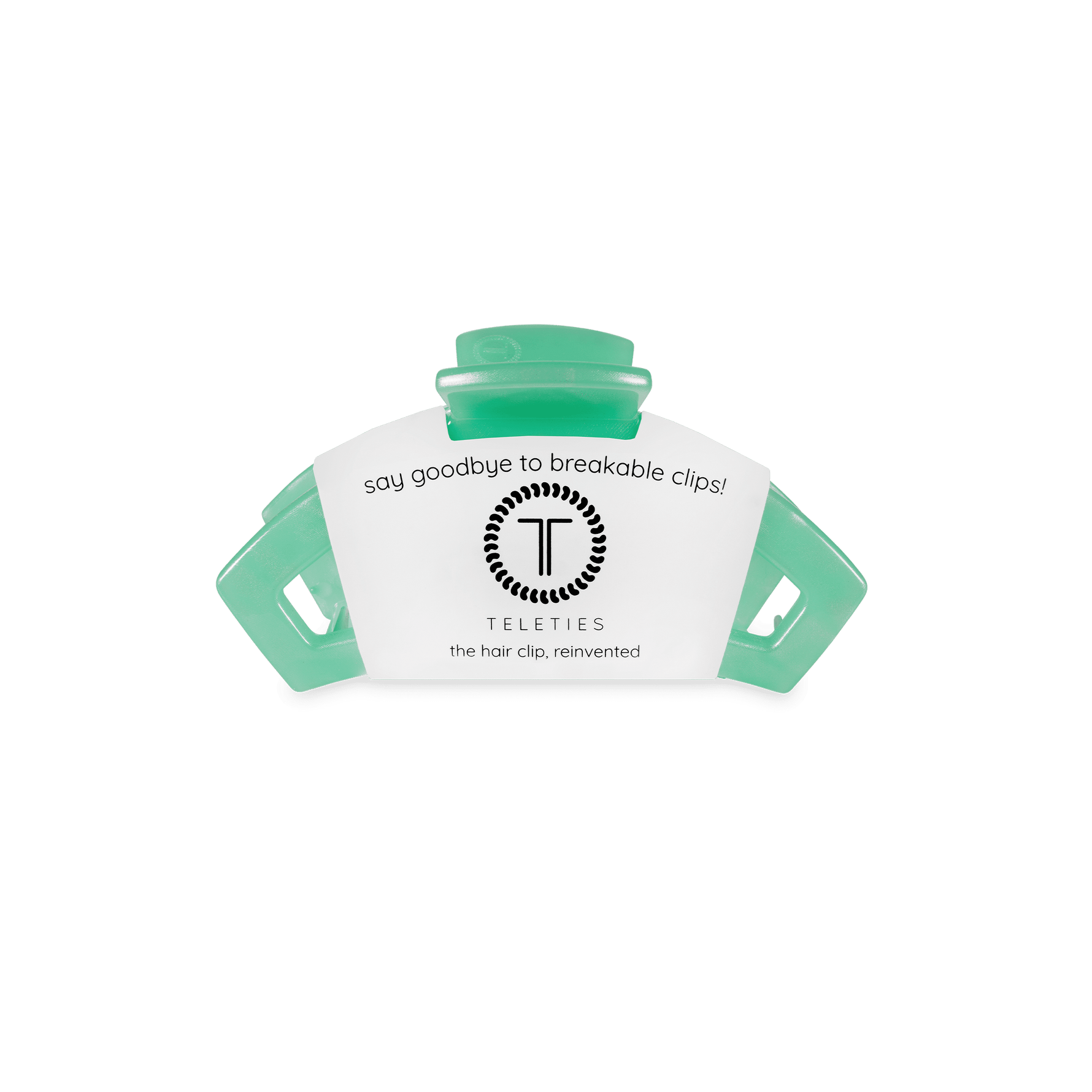 Mint-green open spring hair clip on a branded Teli ties backing card.