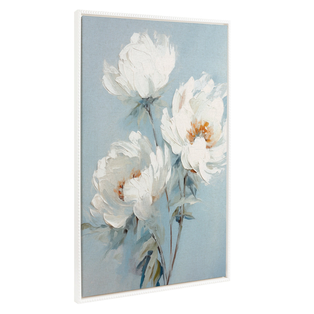 Sylvie Beaded White Peonies on Ocean Blue Framed Canvas by The Creative Bunch Studio