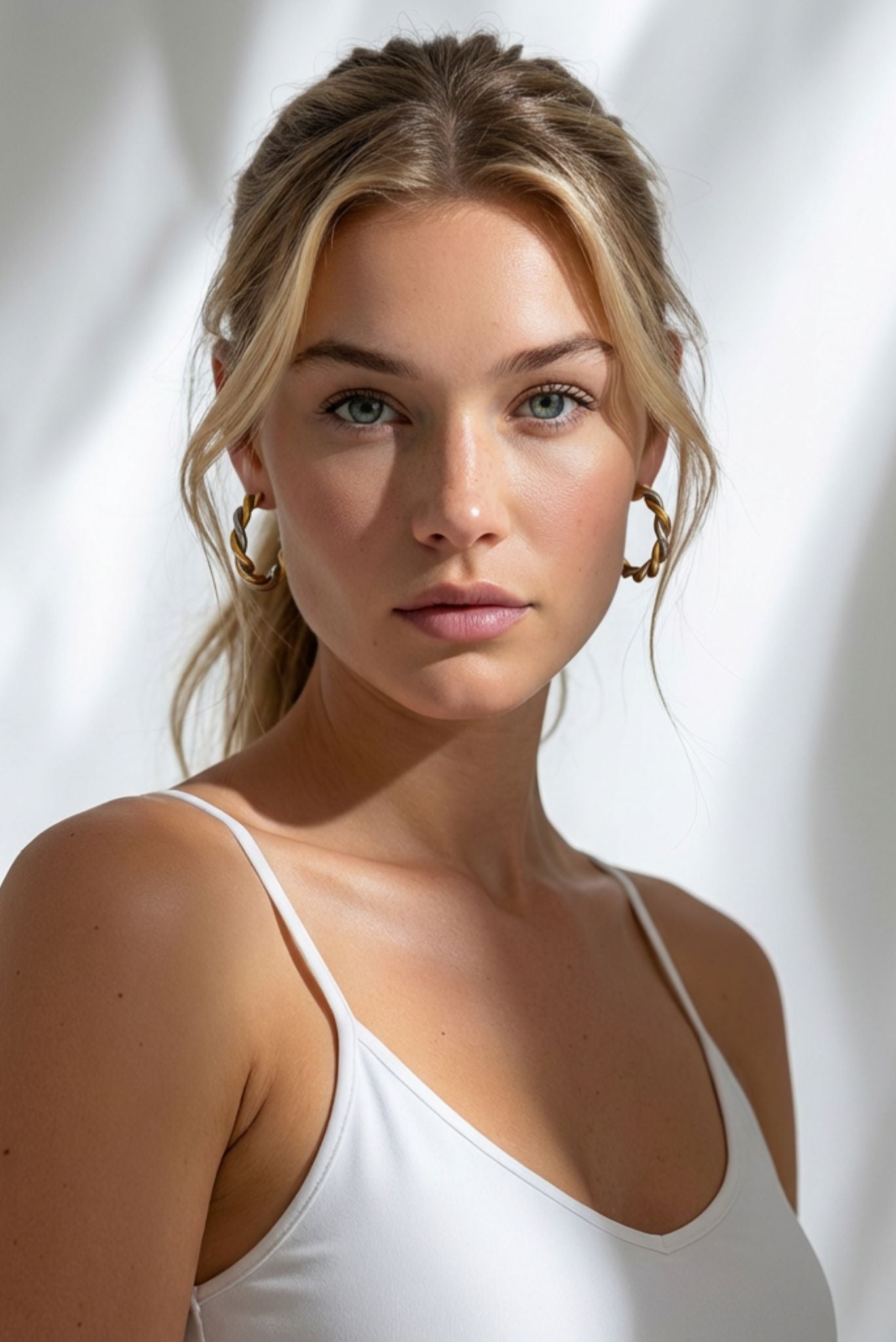 Gold chunky rope hoop earrings on model, rounded hoops with stud backs