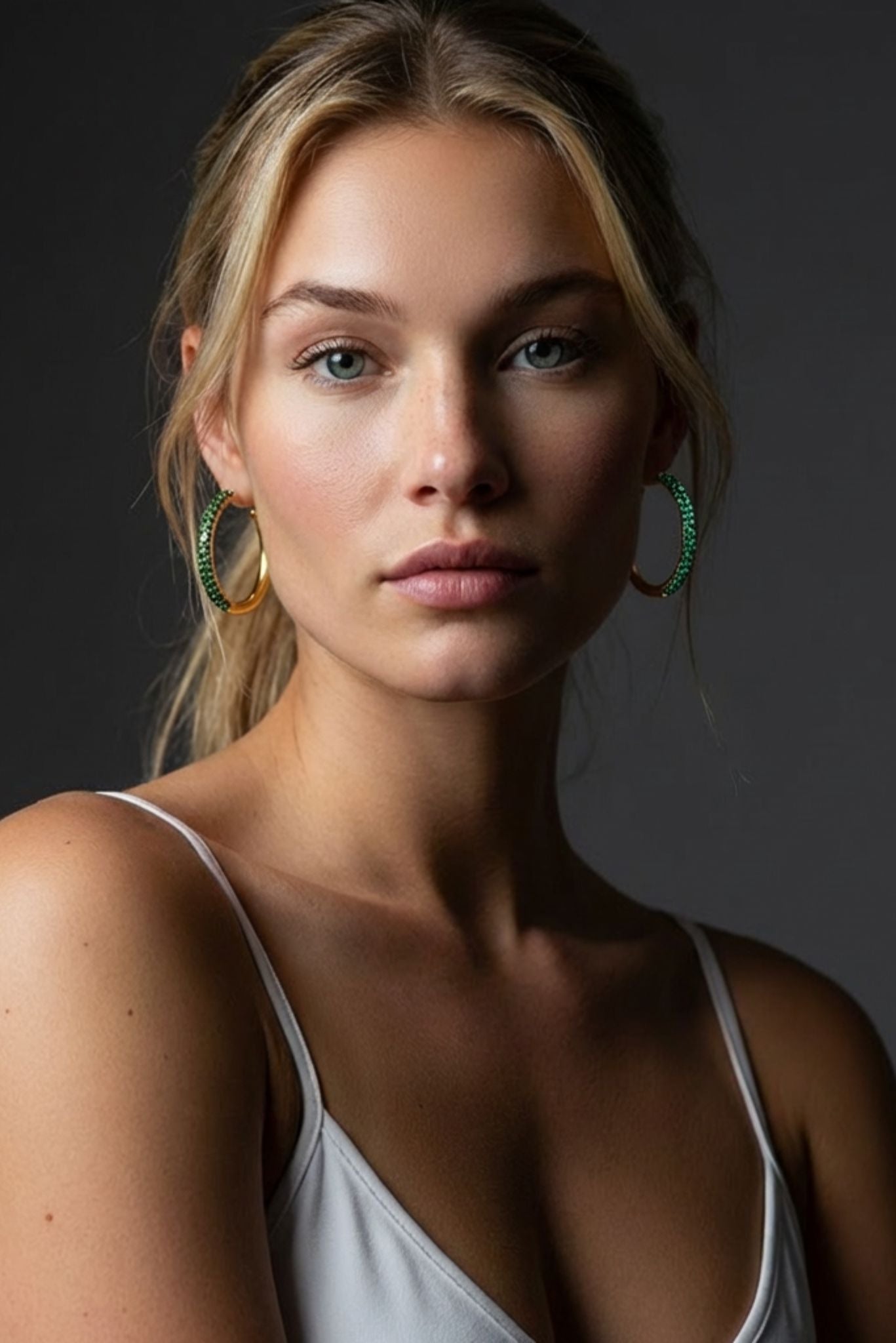 Emerald beaded chunky rope hoop earrings on model with gold-tone hoops