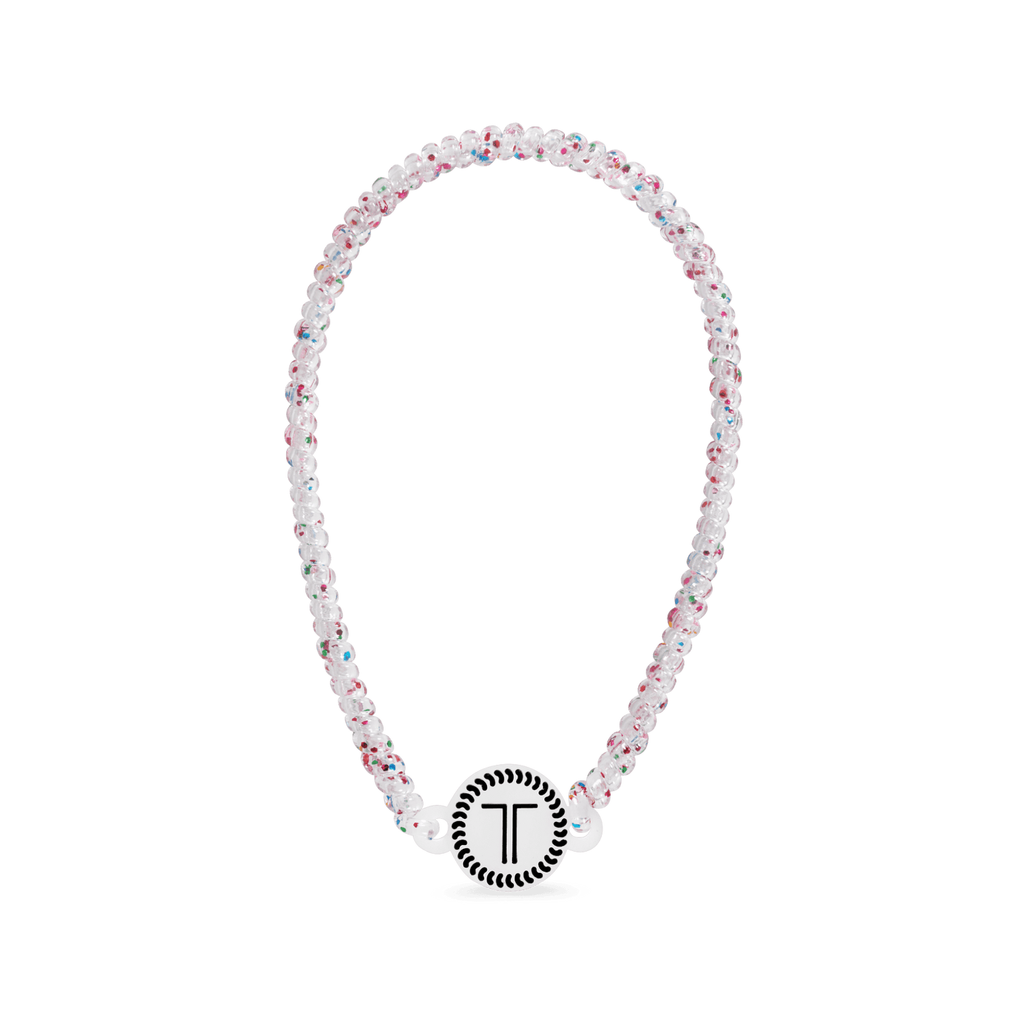 White beaded headband with rhinestone flowers and a round logo charm at front
