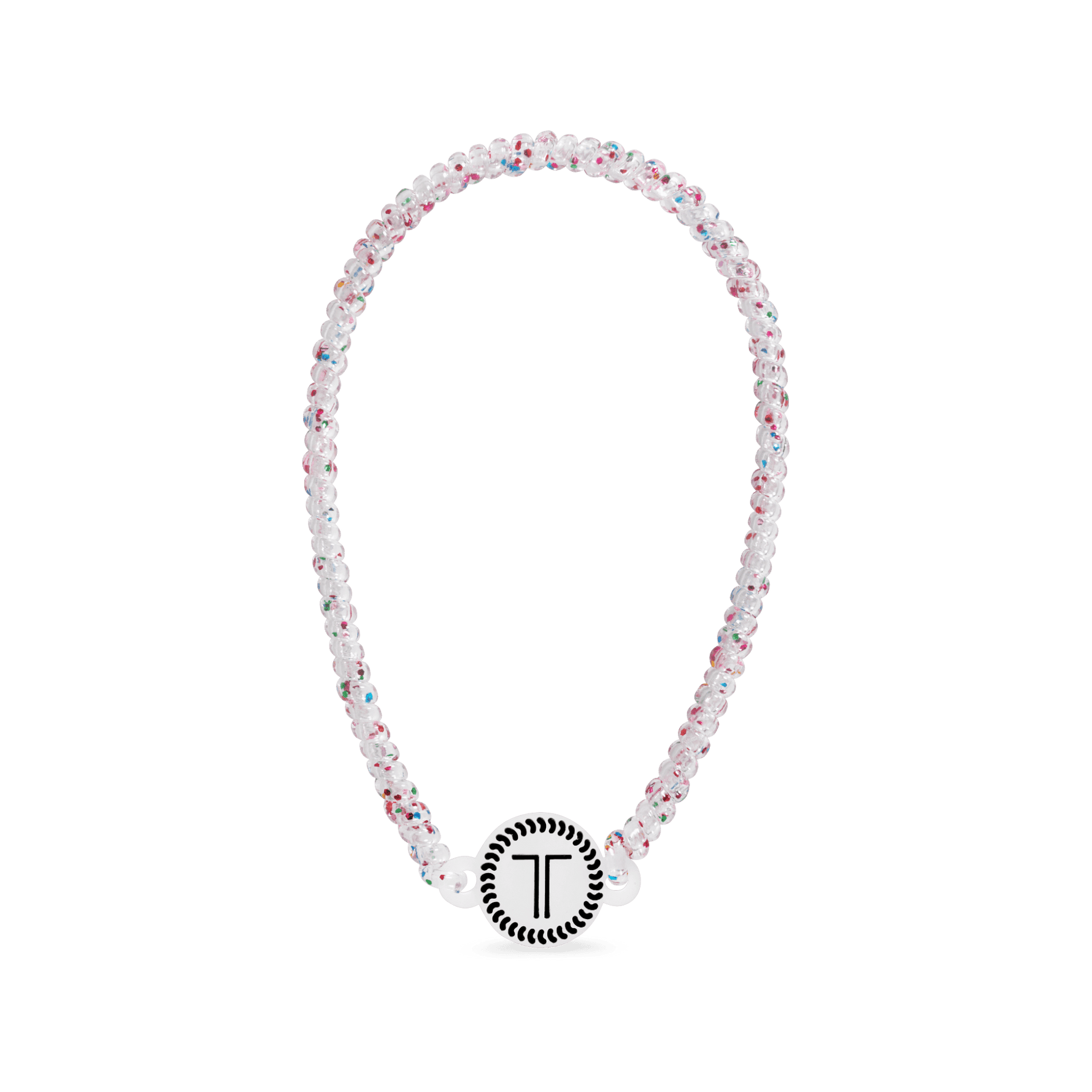 White beaded headband with rhinestone flowers and a round logo charm at front