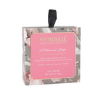 Flower body buffer box with pink label and black carrying tab, gray floral sides