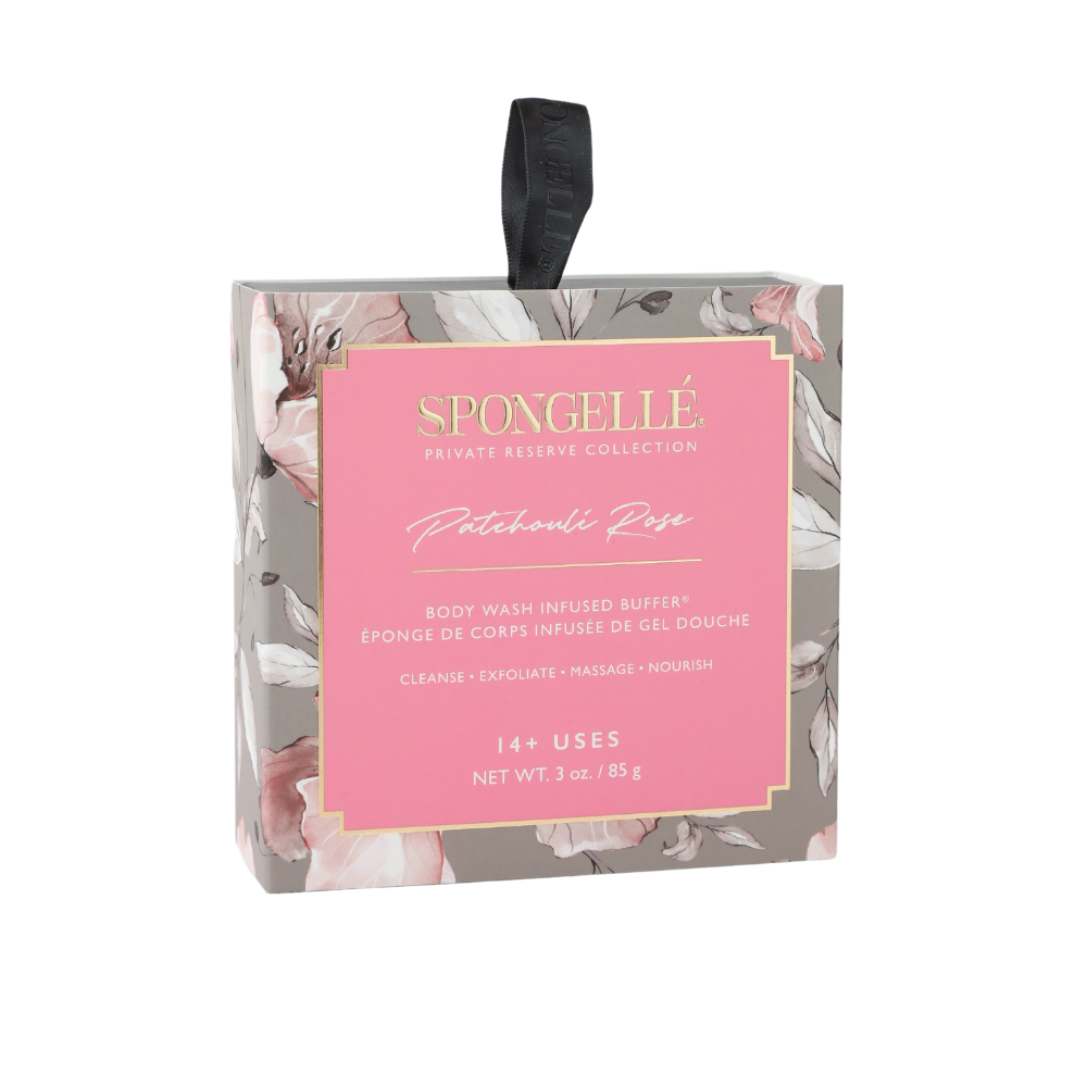 Flower body buffer box with pink label and black carrying tab, gray floral sides