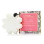 Packaged flower-shaped body buffer with white sponge and black ribbon, plus pink box