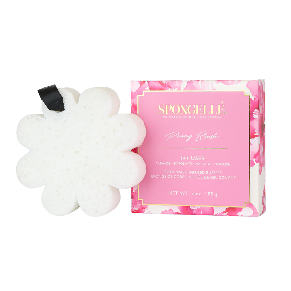 Flower-shaped body buffer and boxed peony blush sponge, with black ribbon strap
