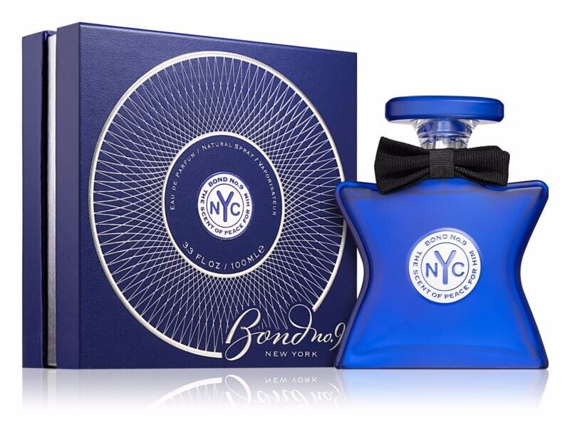 Bond No. 9 eau de parfum set with blue bottle, black bow, and matching box with NYC logo