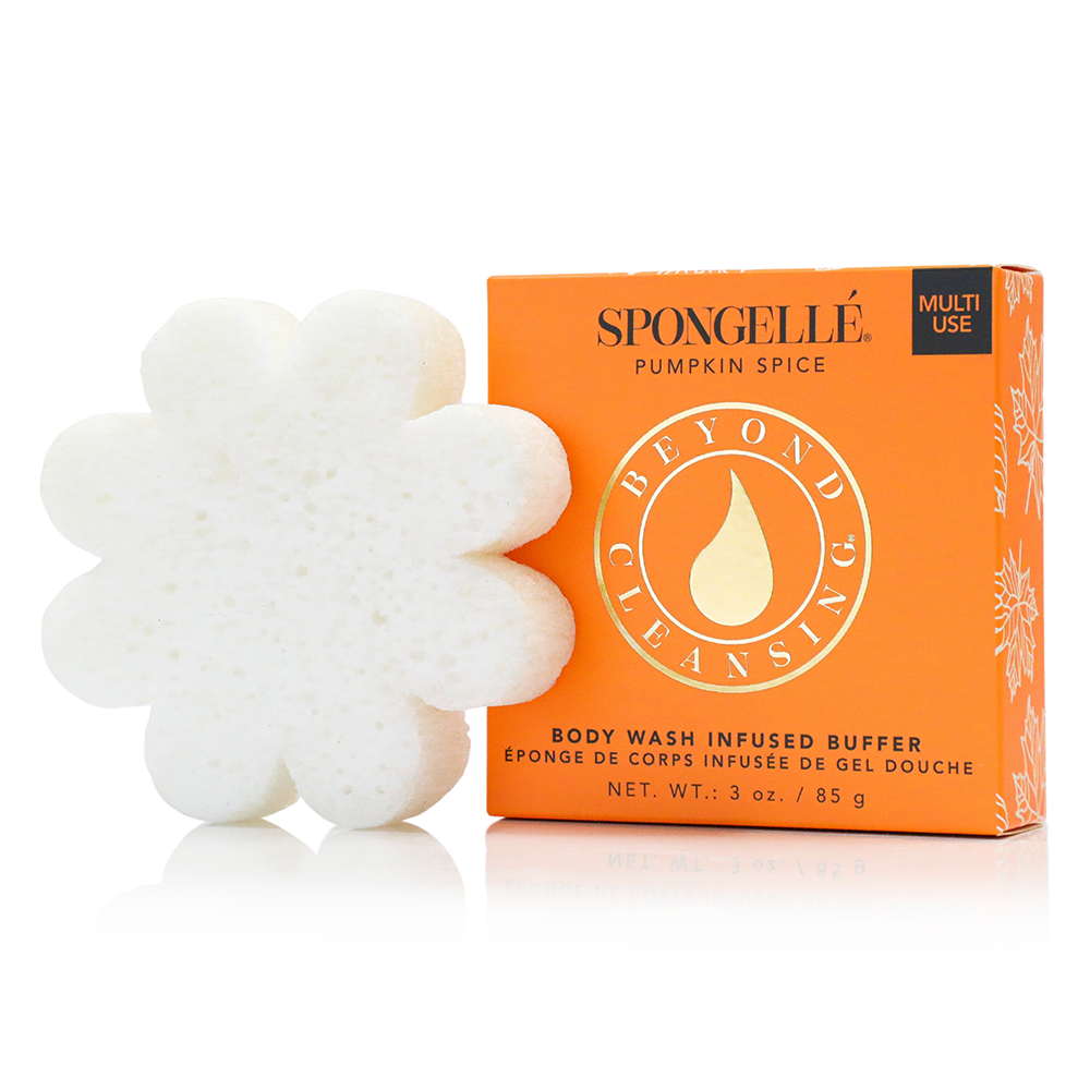 White flower-shaped body wash buffer sponge with orange Pumpkin Spice box