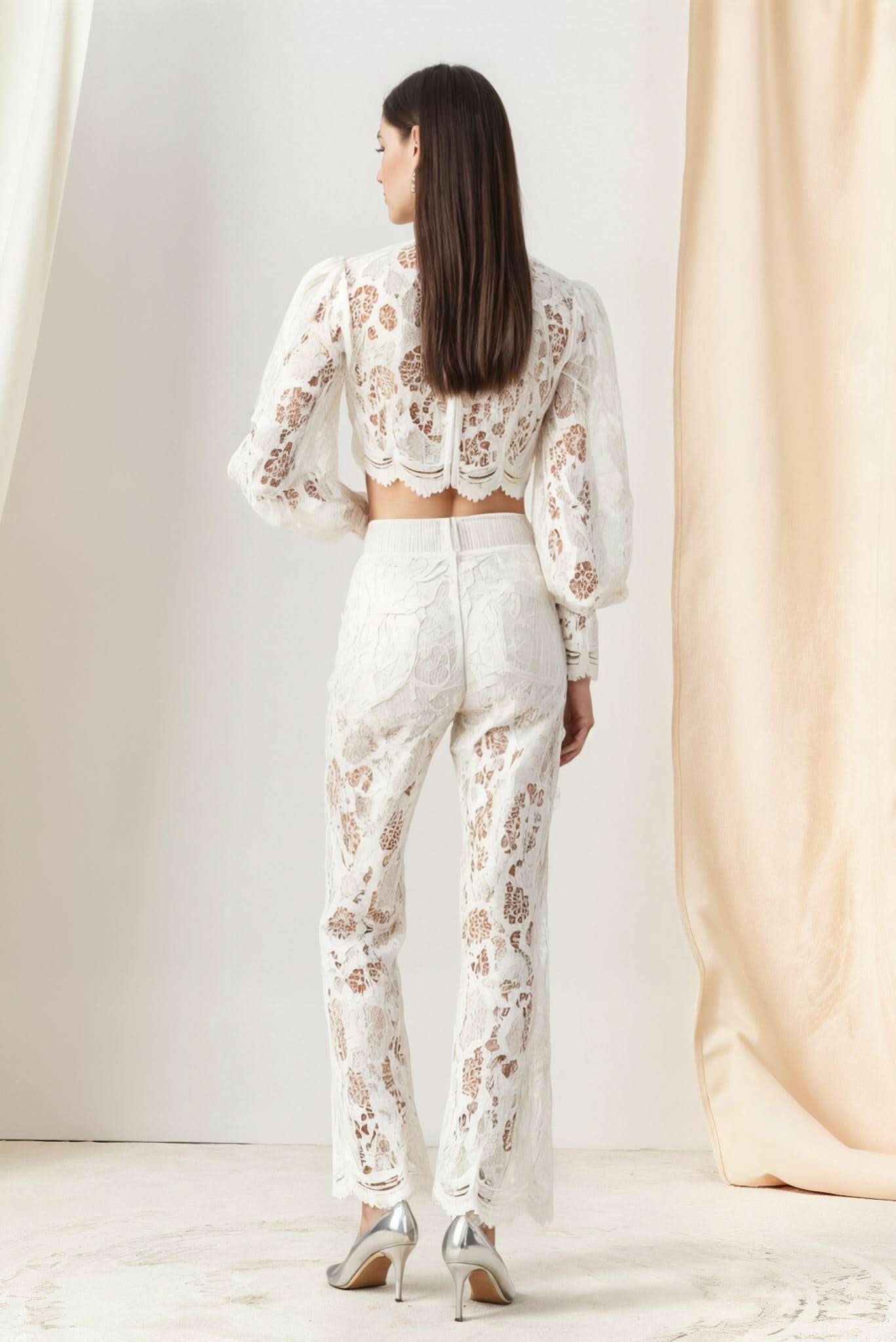 White guipure lace top and lace pants set, back view with scalloped lace yoke.