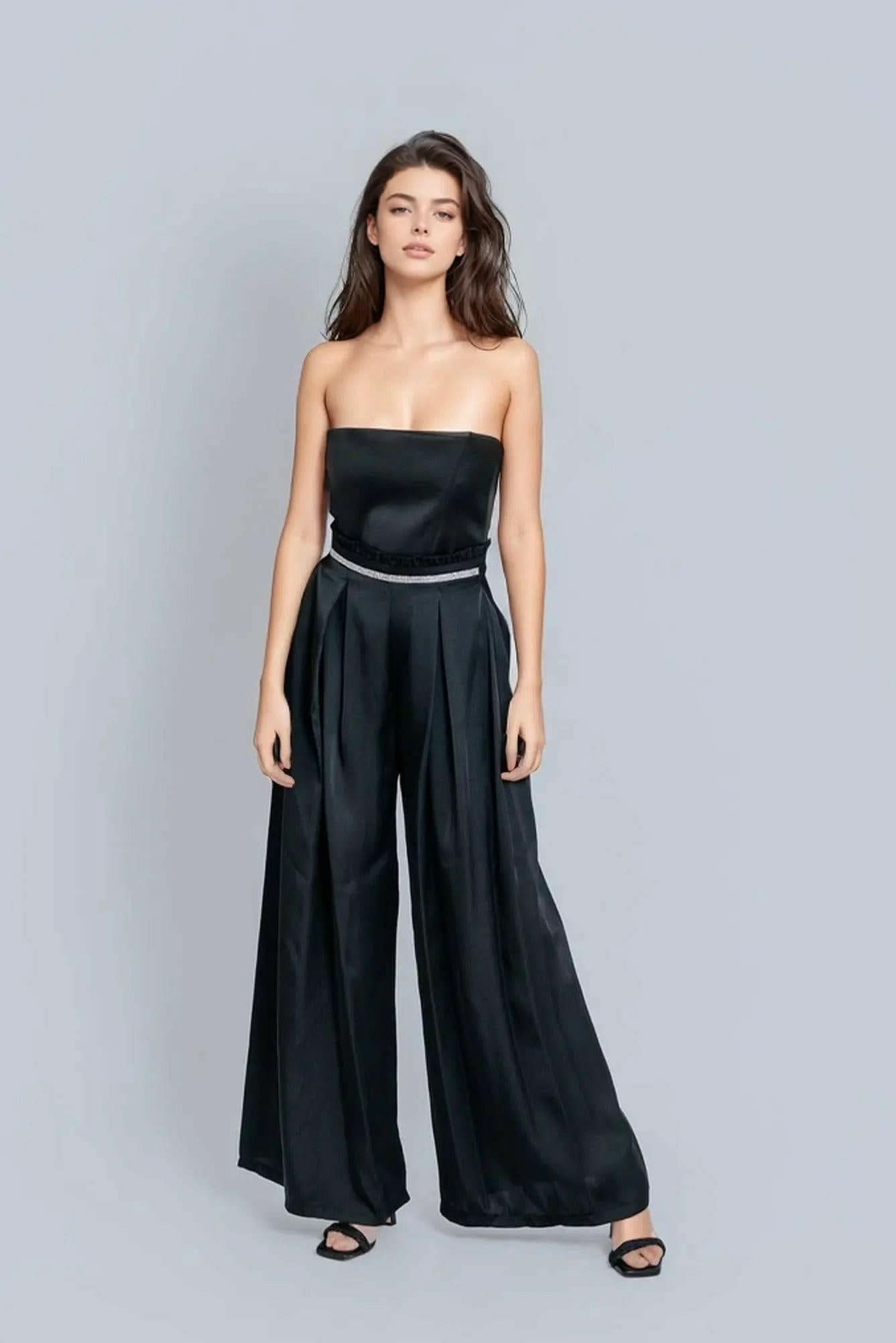 Black wide-leg satin trousers with high waist and relaxed full-length legs