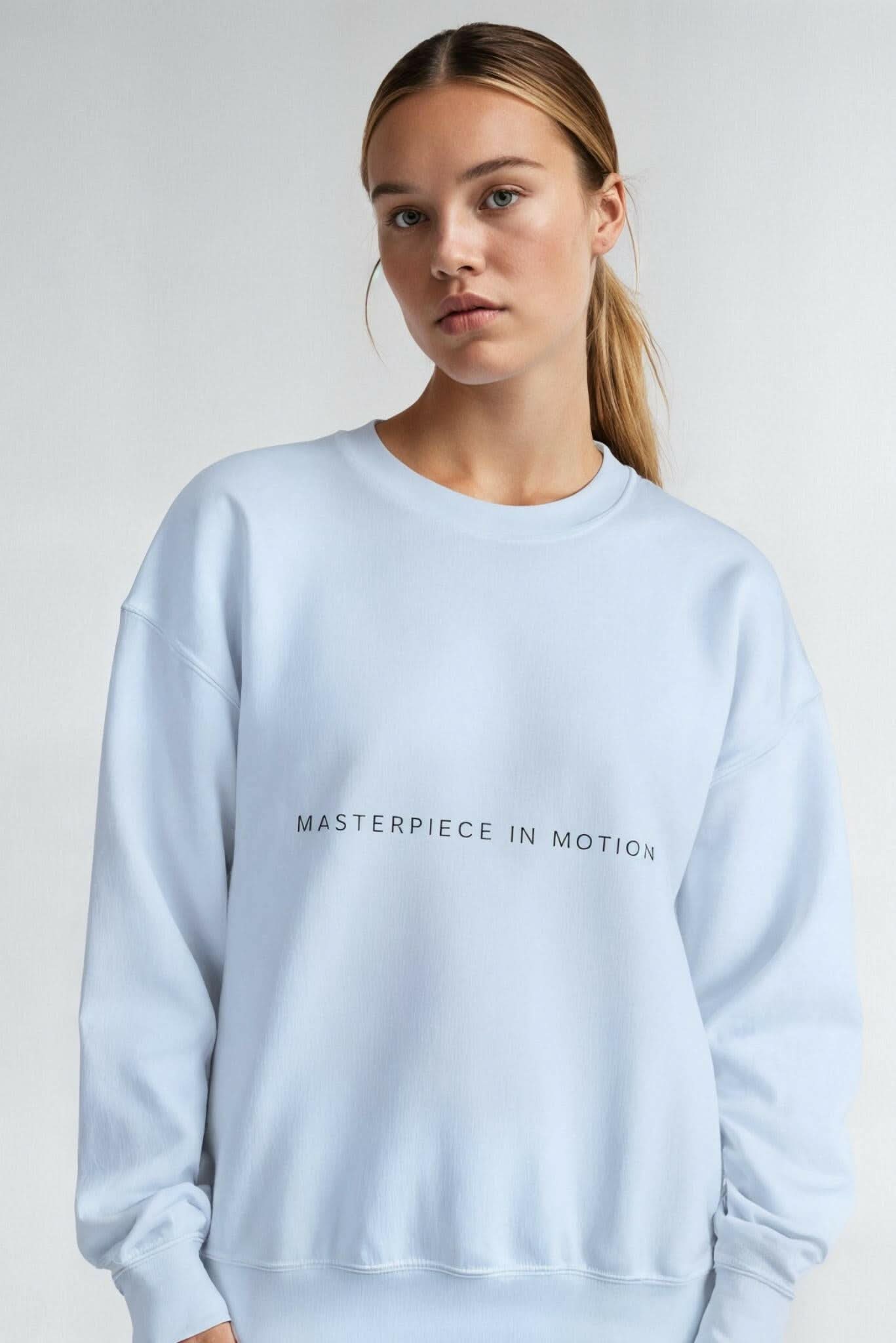 Light blue crewneck sweatshirt with small chest logo, ribbed cuffs and hem