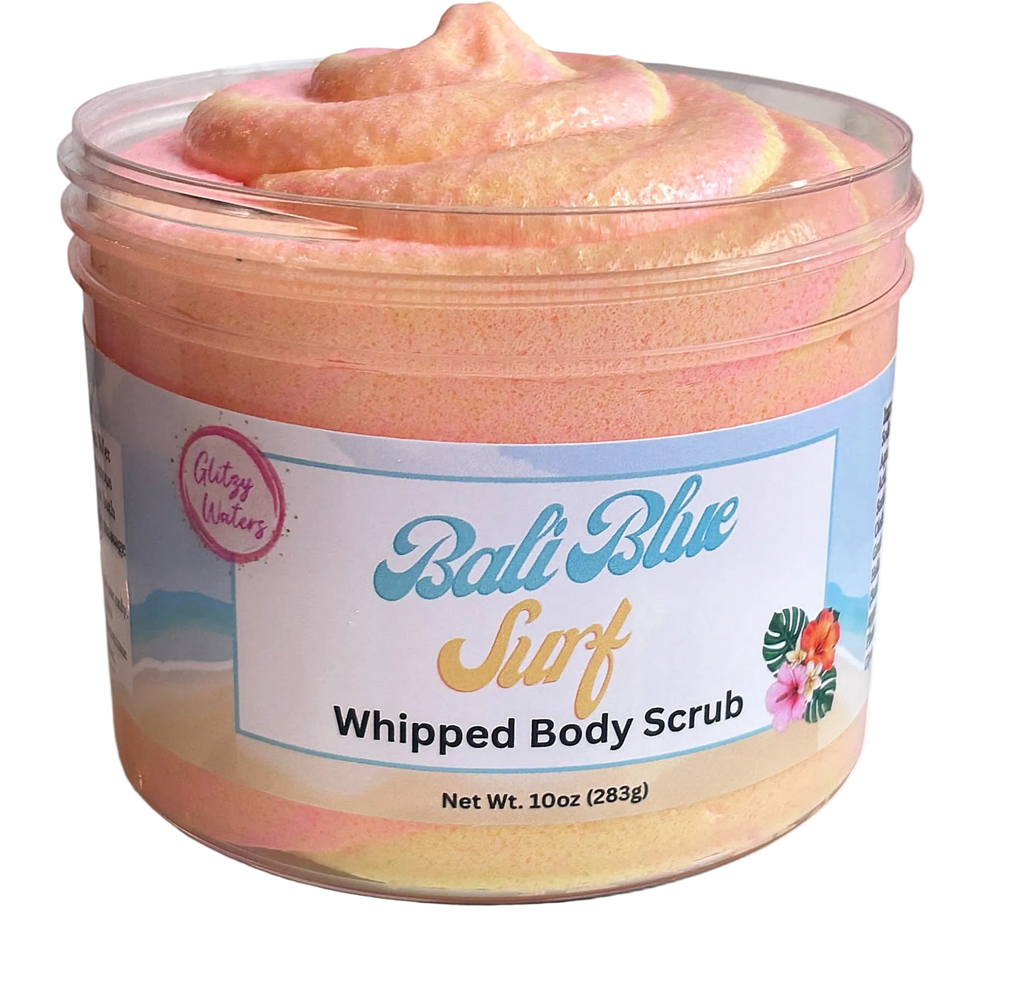 Whipped body scrub jar with Bali Blue Surf label, pink-orange whipped sugar scrub