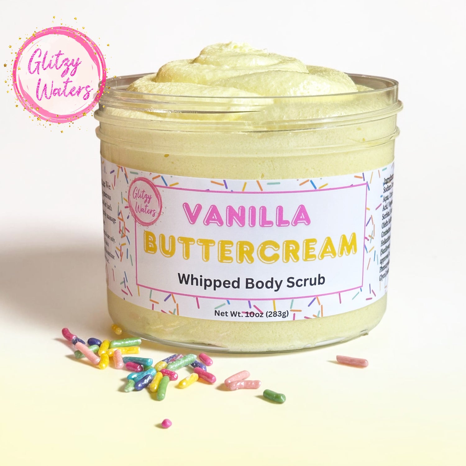 Vanilla buttercream whipped body scrub jar, pale yellow cream with colorful sprinkles