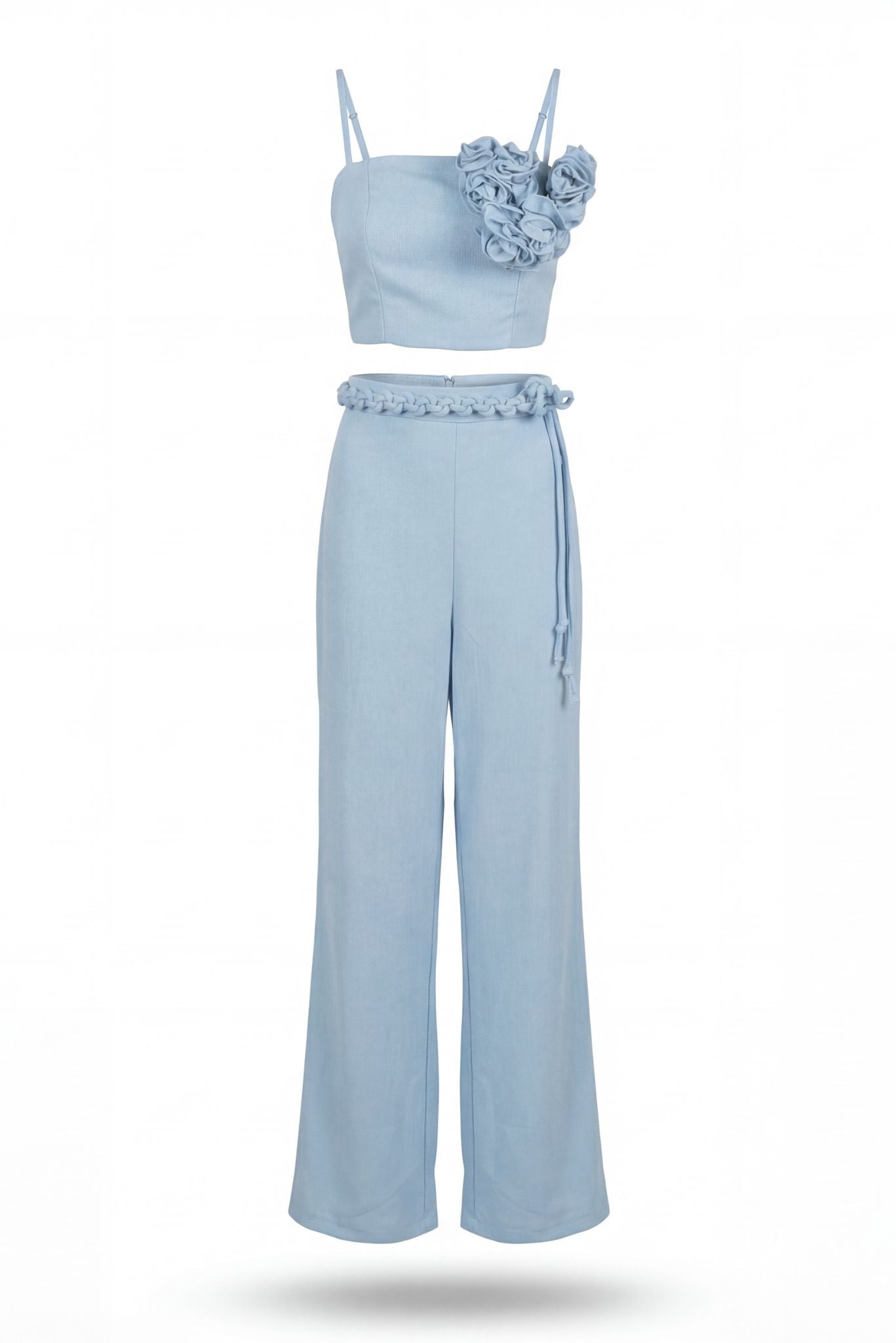 Light blue sleeveless cami top and wide-leg pants set with rosette and ruffle trim
