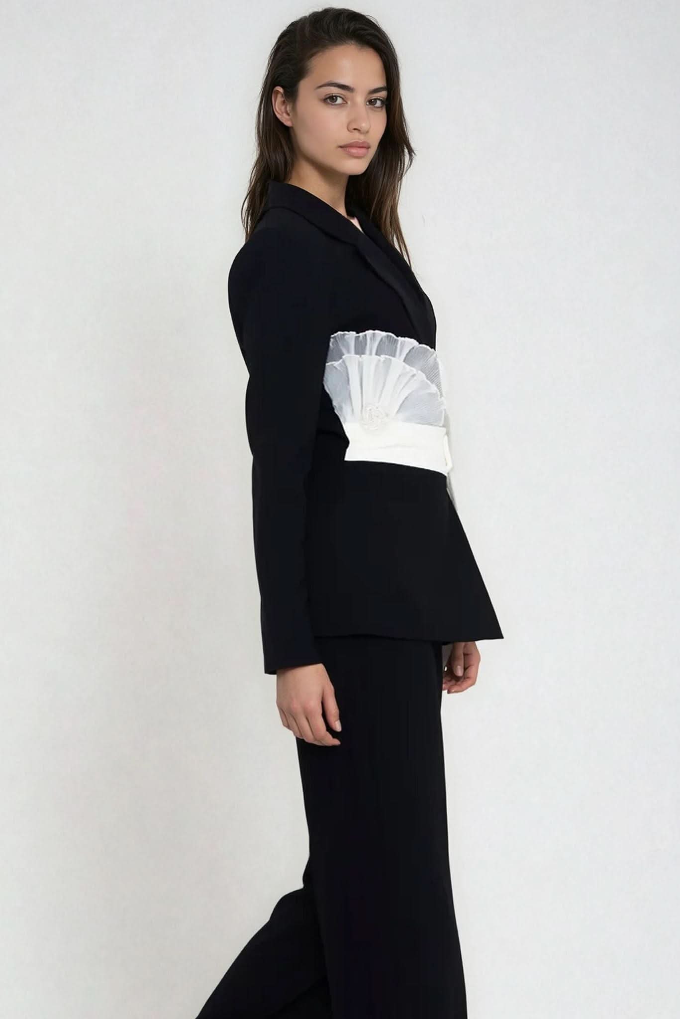 Dark straight-leg tailored pants with ankle-length straight cut, side view