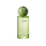 Green perfume bottle close-up with spherical cap, Cache label on clear glass body