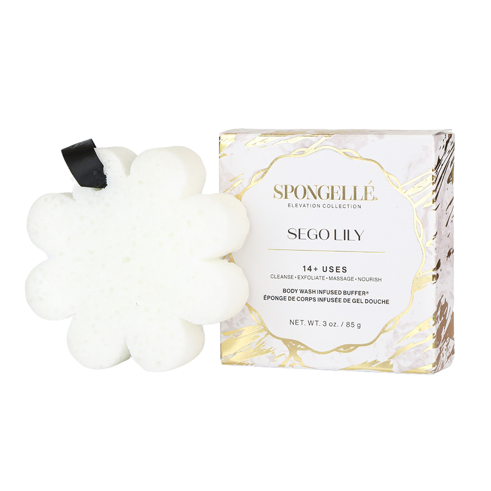 White flower-shaped cleansing buffer and boxed SEGO LILY by Spongelle