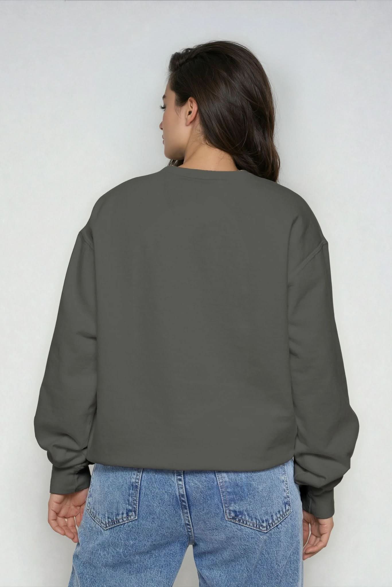 Dark gray cotton crew neck pullover, back view