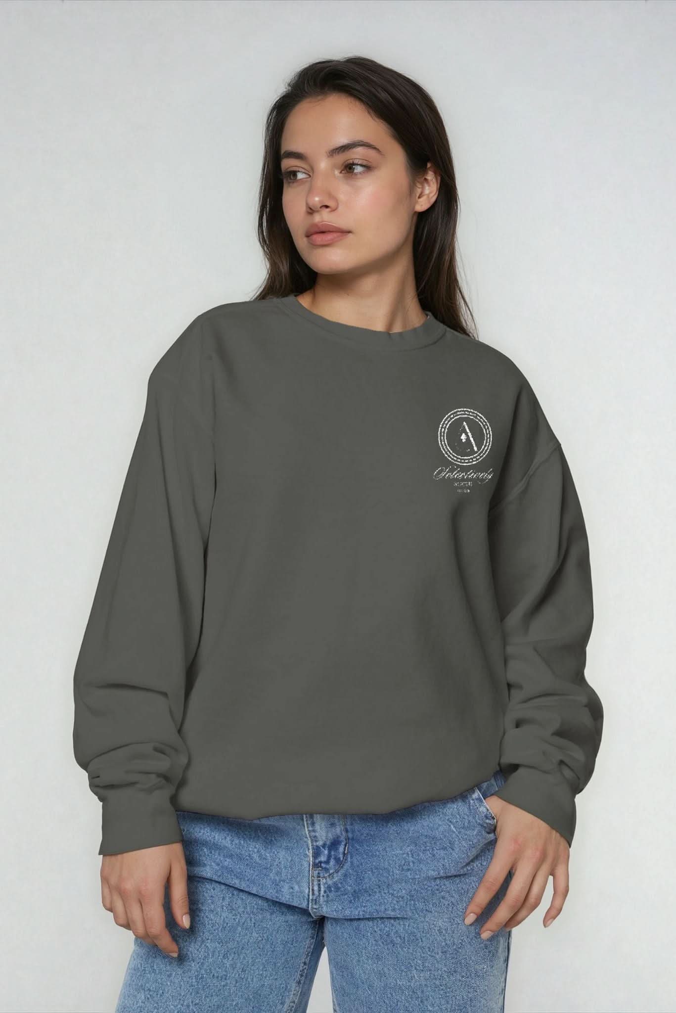 Dark gray cotton crew neck pullover with small chest logo patch