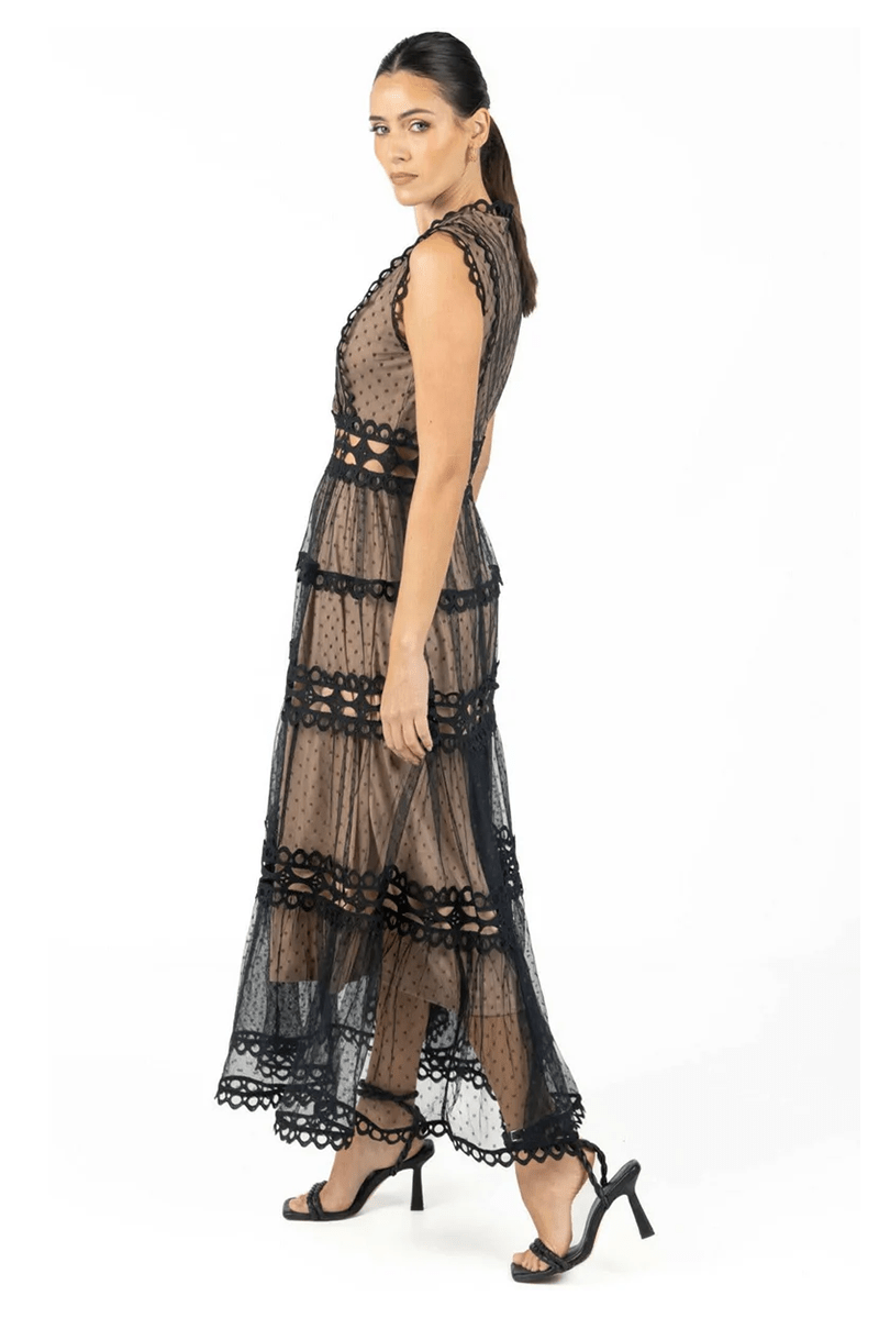Black lace maxi dress with tiered ruffle skirt and scalloped neckline, sleeveless
