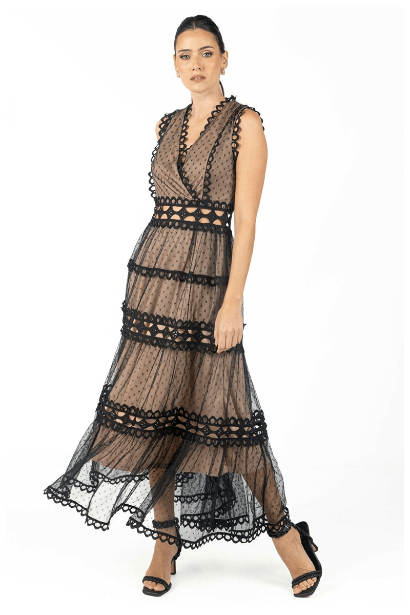Black lace maxi dress with tiered layers, V-neck lace trim, sleeveless