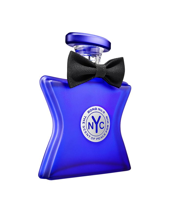 Bond No. 9 eau de parfum bottle with black bow, blue flared glass, NYC seal label