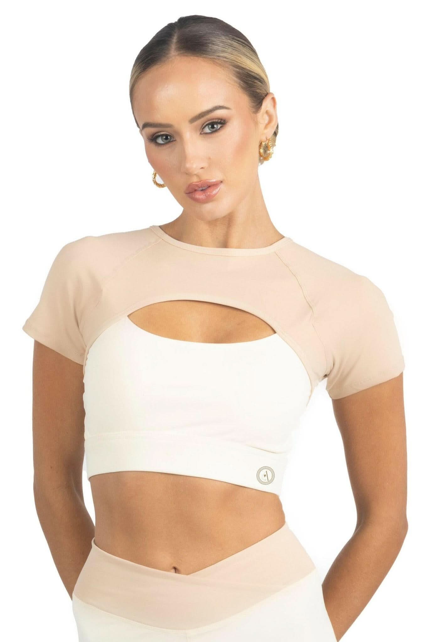 Beige and white color block activewear crop top with chest cutout and short sleeves
